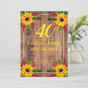 Sonnenblume 40. Geburtstag Wood Floral Erwachsene Einladung