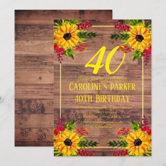 Sonnenblume 40. Geburtstag Wood Floral Erwachsene Einladung
