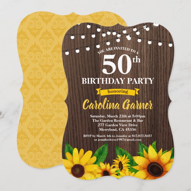 Sonnenblume 50. Geburtstag Einladung. Alter Einladung (Vorne/Hinten)