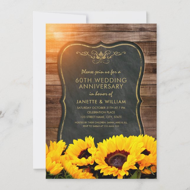 Sonnenblume 60. Hochzeitstag Rustikaler Fall Einladung (Vorderseite)