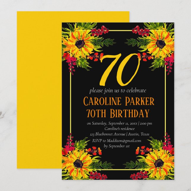 Sonnenblume 70. Geburtstag Gelbes Blütenerwachsen Einladung (Vorne/Hinten)