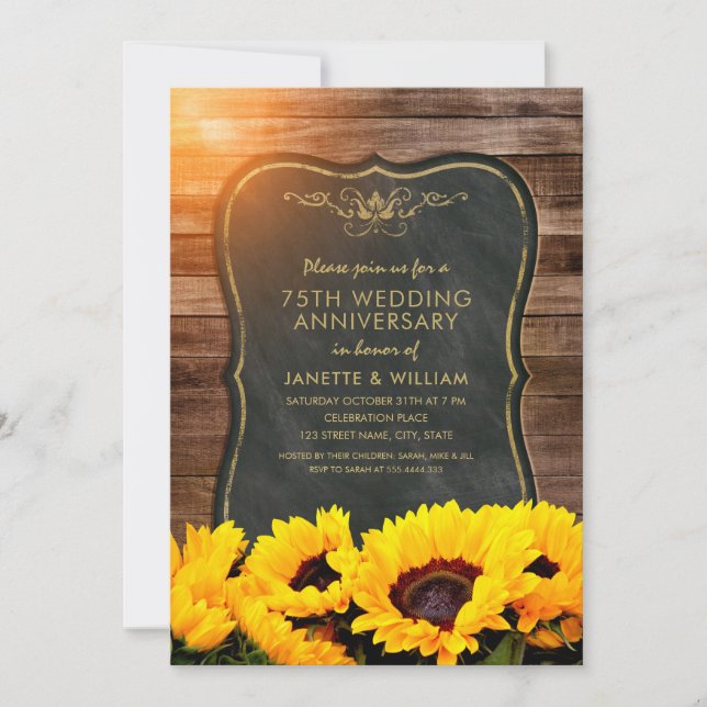 Sonnenblume 75. Hochzeitstag Rustikaler Fall Einladung (Vorderseite)