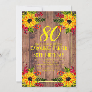 Sonnenblume 80. Geburtstag Wood Floral Adult Einladung