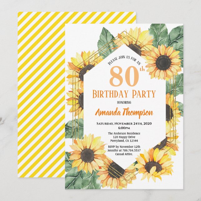 Sonnenblume 80. Geburtstagsparty Feier Frauen Einladung (Vorne/Hinten)