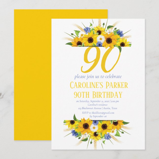 Sonnenblume 90. Geburtstag Gelbe Blütenerwachsene Einladung (Vorne/Hinten)