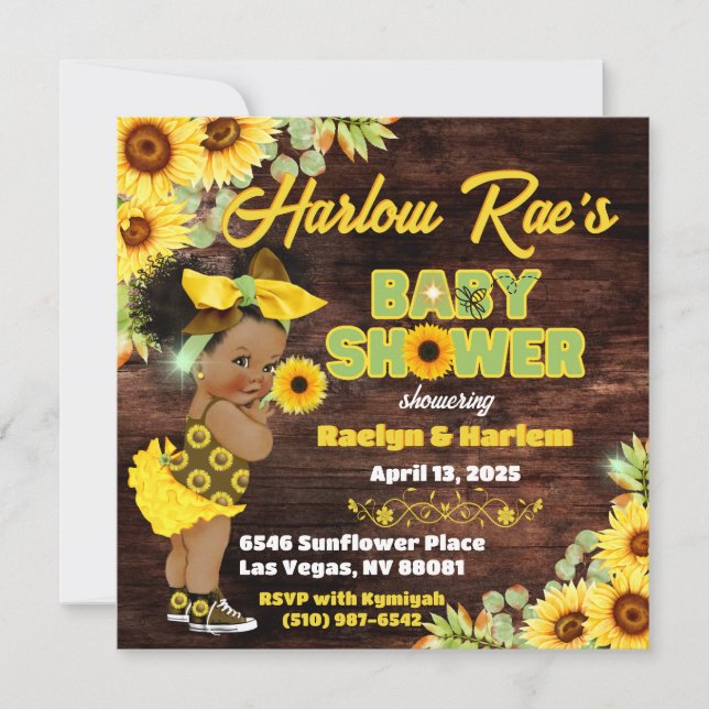 Sonnenblume Afro Baby Girl-Yellow Rustic Baby Dusc Einladung (Vorderseite)