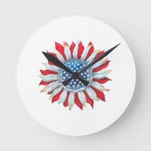 Sonnenblume American Flag 4. Juli Frauen Männer Me Runde Wanduhr