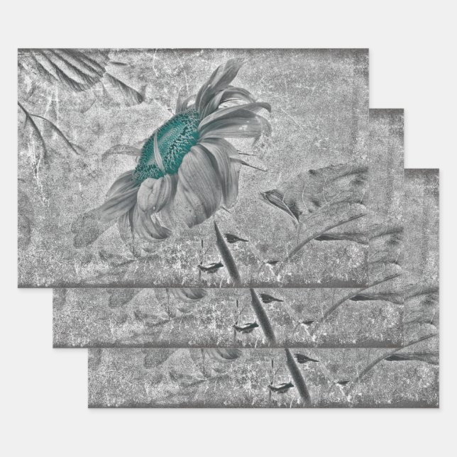 Sonnenblume Aquamarin Grau Vintag antike Textur Geschenkpapier Set (Set)
