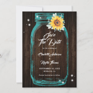 Sonnenblume Aquamarin Wood Mason Jar Wedding Save The Date