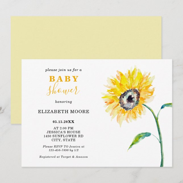 Sonnenblume Aquarell Kinderdusche elegant Einladung (Vorne/Hinten)