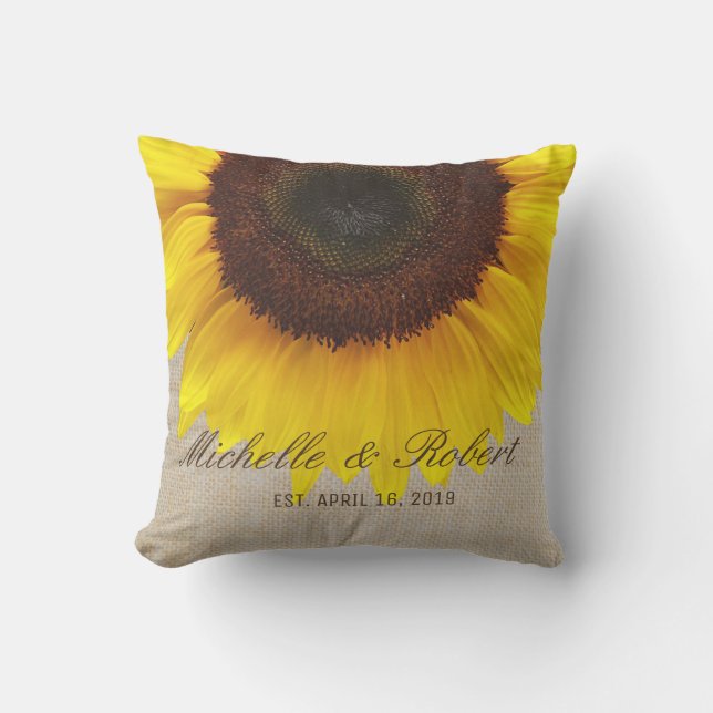 Sonnenblume auf Burlap Rustic Country Wedding Cust Kissen Für Draußen (Vorderseite)