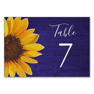 Sonnenblume auf der Rustikalen Navy Blue Wood Wedd Tischnummer