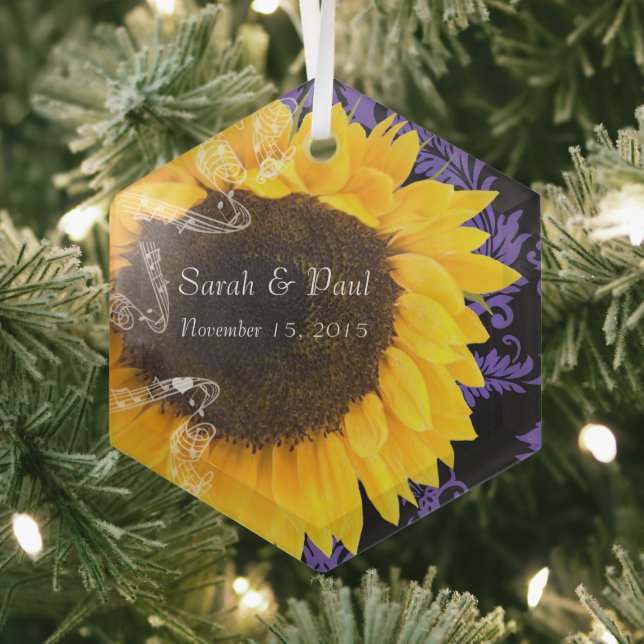 Sonnenblume auf Lila Damaskus Hochzeit Ornament Aus Glas (Insitu)