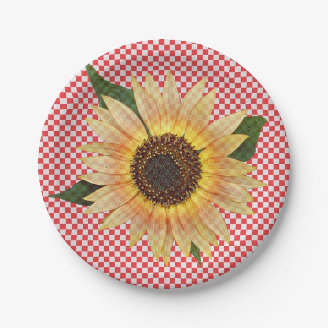 Sonnenblume auf rot-weiß kariert pappteller (Vorderseite)