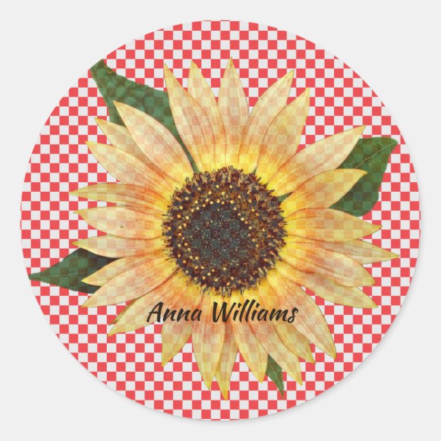 Sonnenblume auf rot-weiß kariert runder aufkleber (Vorderseite)