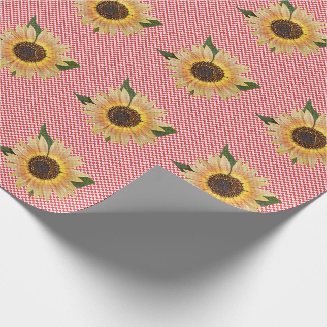 Sonnenblume auf rotem und weißem Gingham Geschenkpapier (Ecke)