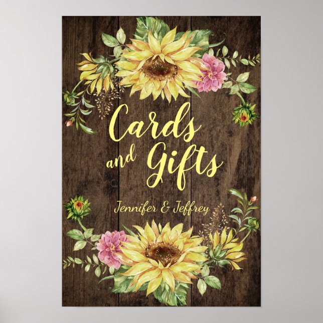Sonnenblume auf rustikaler Holzlandkarte und Gesch Poster (Vorne)