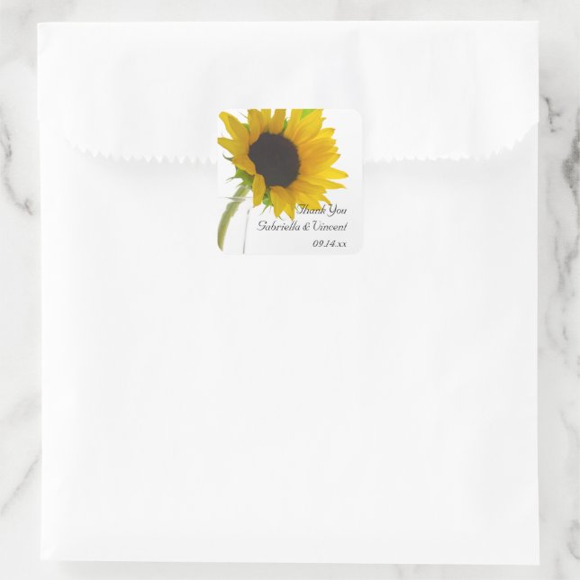 Sonnenblume auf White Wedding Vielen Dank für Ihr  Quadratischer Aufkleber (Tasche)