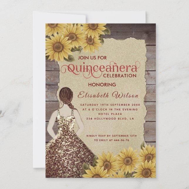 Sonnenblume aus Vintagem Holz Einladung (Vorderseite)