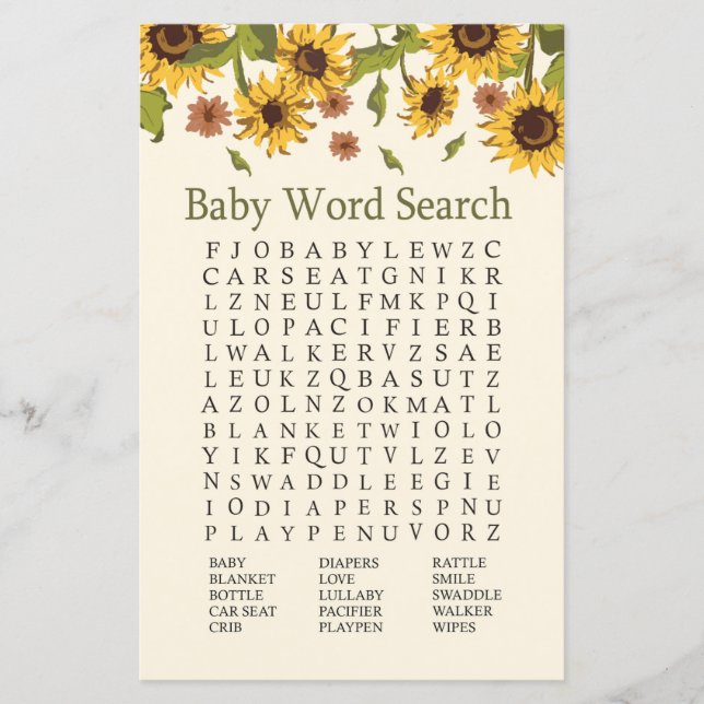 Sonnenblume Baby Dusche Word Search Game (Vorderseite)