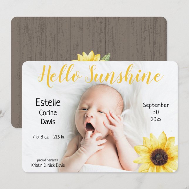 Sonnenblume Baby Rustikales Foto Geburtsankündigun Einladung (Vorne/Hinten)
