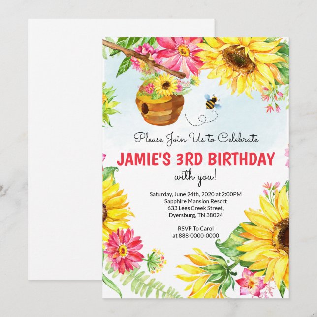Sonnenblume Bee Birthday Honey Bee Birthday Einladung (Vorne/Hinten)