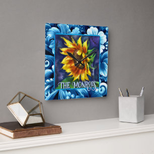 Sonnenblume bei Nacht Blumen Blumenmuster Personal Quadratische Wanduhr