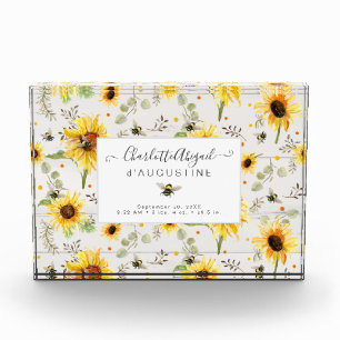 Sonnenblume Biene Rustikales Holz Gelbe Birth Stat Fotoblock