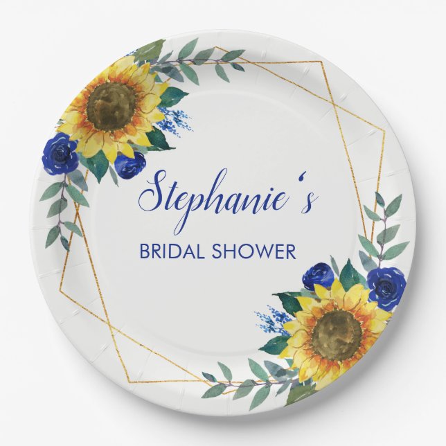 Sonnenblume Blau Blume Geometrisches Brautparty Pappteller (Vorderseite)