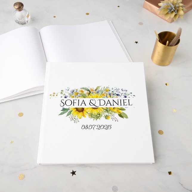 Sonnenblume blaue Wildblume Hochzeit weiß Gästebuch (Vorderseite offen)