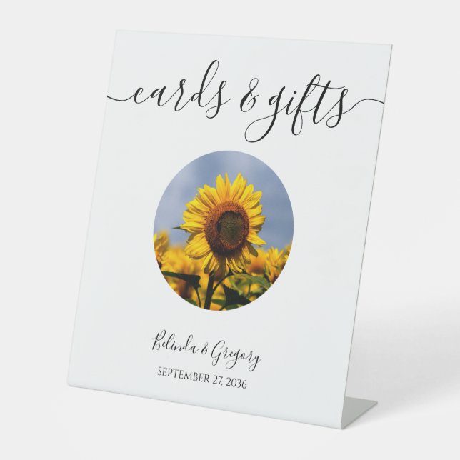 Sonnenblume Blauer Himmel Rustikale Hochzeitskarte Sockelschild (Vorderseite)