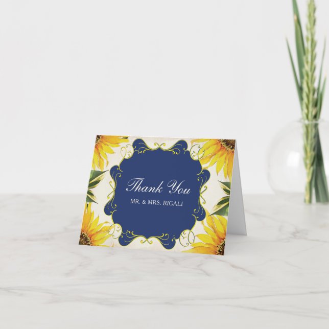 Sonnenblume & Blauer Hochzeit Danke Karte (Vorderseite)