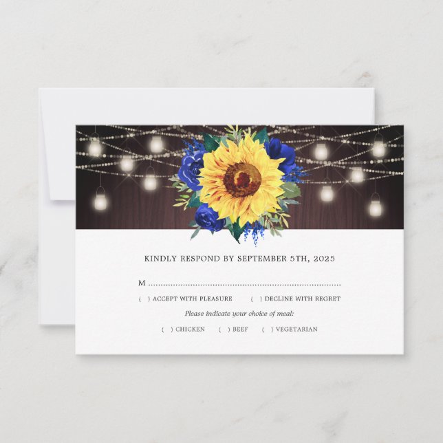 Sonnenblume Blauer Jar Lights Wood Wedding Meel RSVP Karte (Vorderseite)