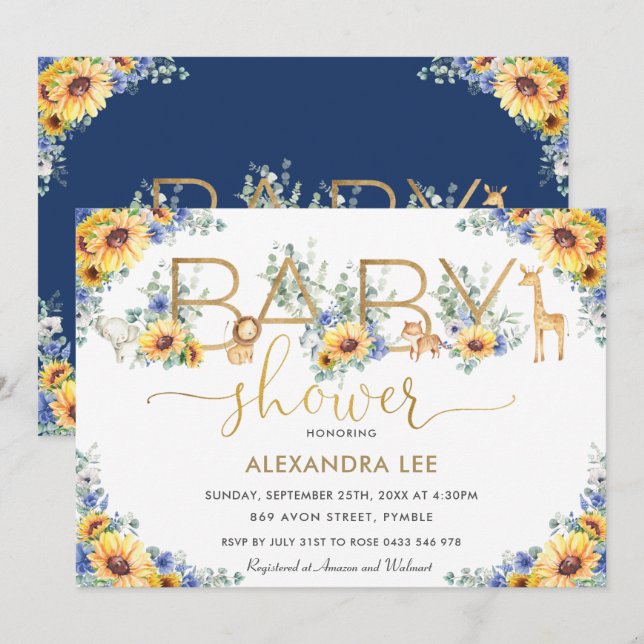 Sonnenblume Blauer Jungle Tiere Babydusche Einladung (Vorne/Hinten)