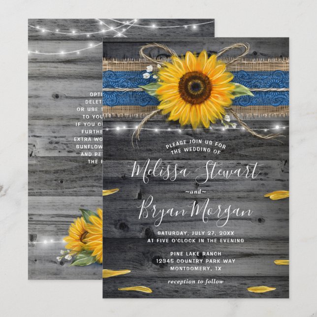 Sonnenblume blauer Lace Rustic Wood Wedding Einladung (Vorne/Hinten)