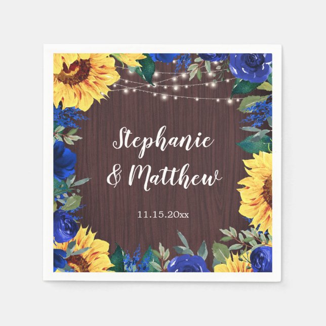 Sonnenblume Blauer Rose Rustikales Hochzeitspapier Serviette (Vorderseite)