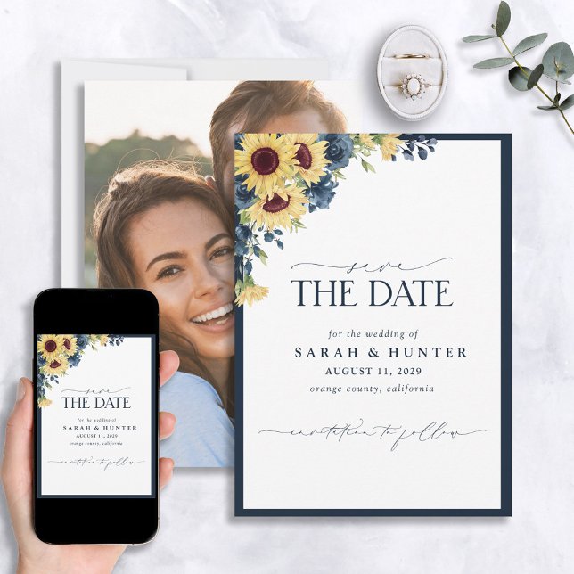 Sonnenblume Blauer Script Blumenzauber Hochzeit sp Save The Date (Von Creator hochgeladen)