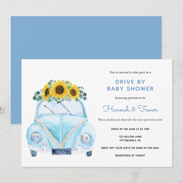Sonnenblume Blue Car Drive mit Babydusche Einladung (Vorne/Hinten)