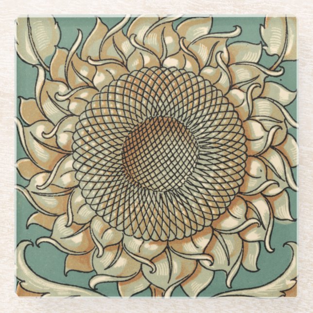 Sonnenblume blühen auf blaugrünem Hintergrund Glasuntersetzer (Vorderseite)