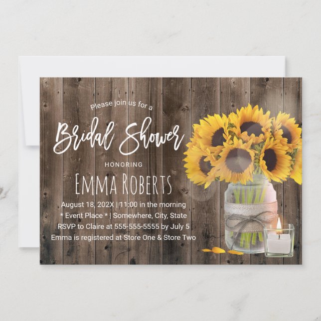 Sonnenblume Blume Mason Jar Barn Wood Brautparty Einladung (Vorderseite)