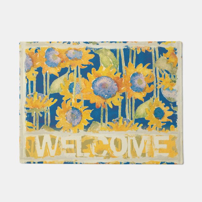 Sonnenblume-Blumenmuster-Blau-Willkommen Fußmatte (Vorderseite)