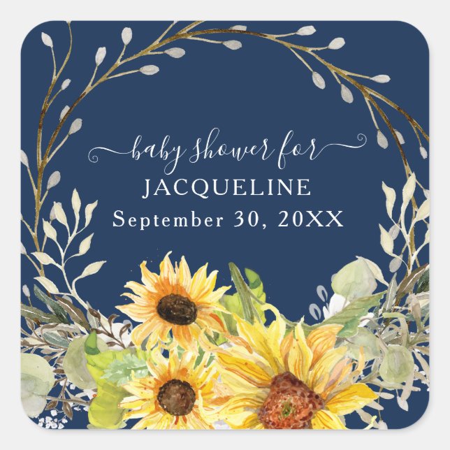 Sonnenblume Blumenreath Navy Gelbe Babydusche Quadratischer Aufkleber (Vorderseite)
