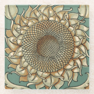 Sonnenblume-Blüte auf blaugrünem Hintergrund Glasuntersetzer
