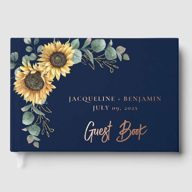 Sonnenblume Blütengrün Script Moderne Hochzeit Gästebuch (Vorderseite)