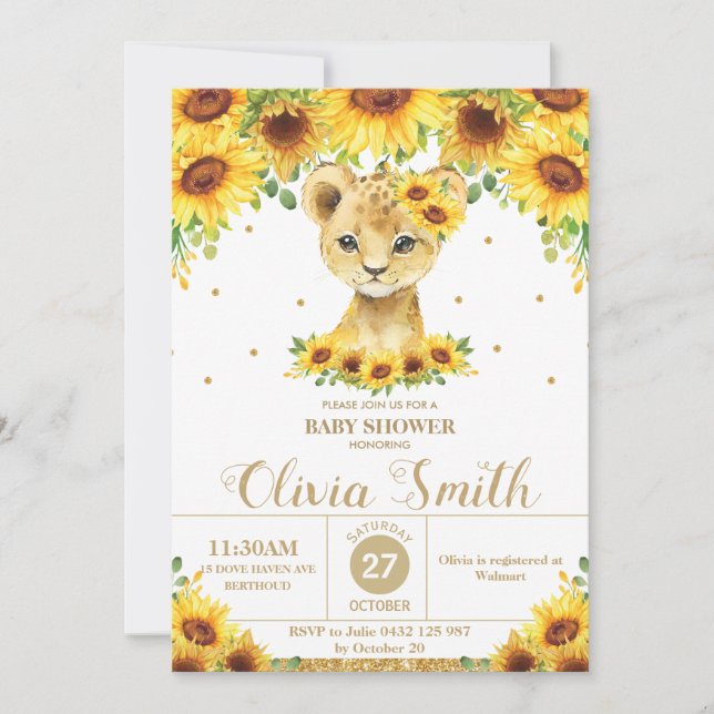 Sonnenblume Blütenlion Cub Babydusche Einladung (Vorderseite)