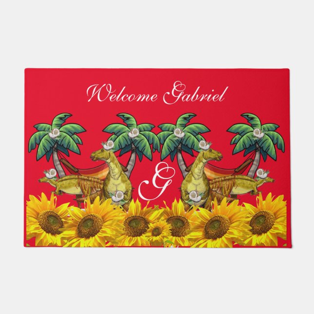 Sonnenblume Blütenrot Dinosaurier Door Mat Fußmatte (Vorderseite)