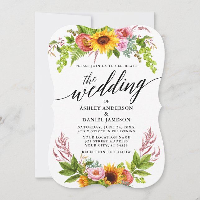 Sonnenblume Boho Blumenkalligrafie Hochzeit Einladung (Vorderseite)