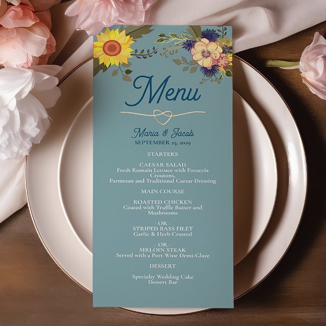 Sonnenblume Boho Dusty Blue Wedding Menu Menükarte (Von Creator hochgeladen)
