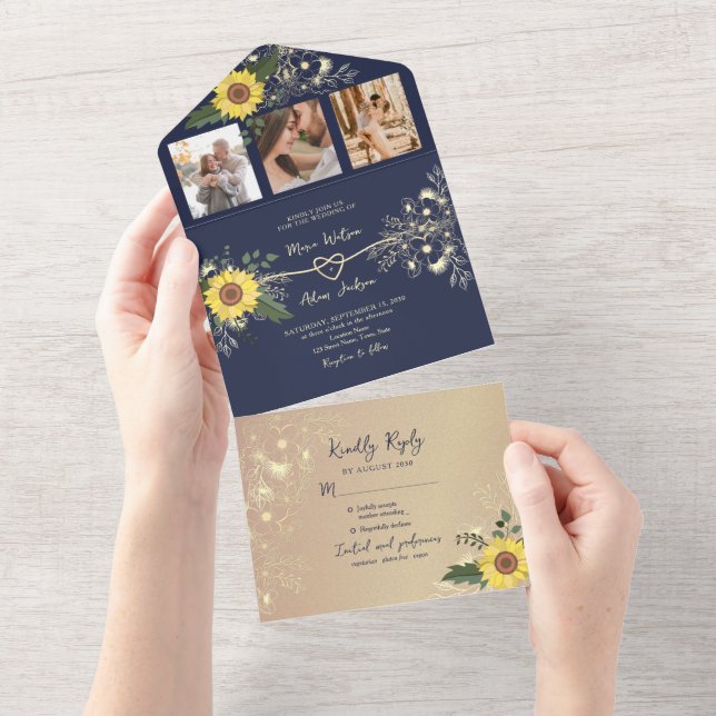 Sonnenblume Boho Navy Blue Wedding All In One Einladung (Abreißen)