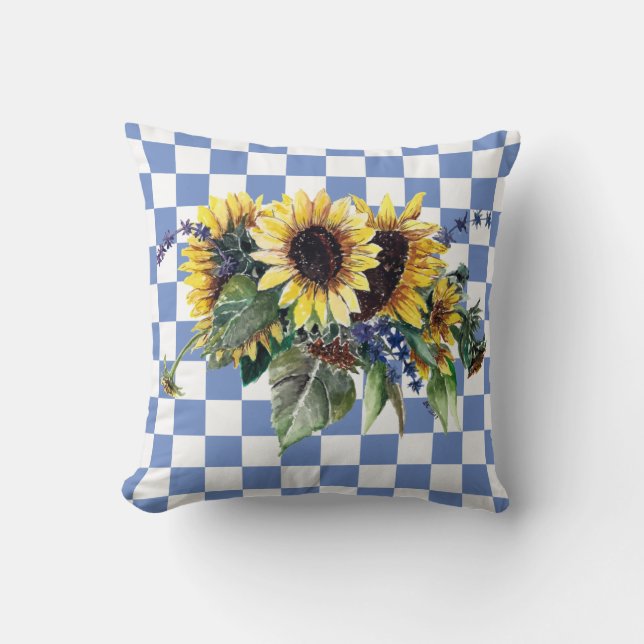 Sonnenblume Bouquet auf blauen Karos Kissen (Vorderseite)